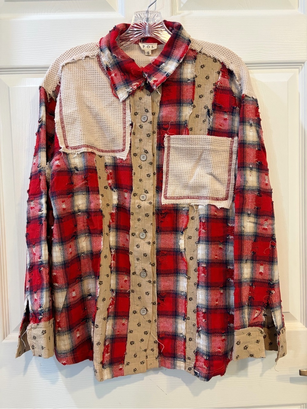 POL Long Sleeve Distressed Red Plaid Woven Button Down Shirt NEW FALL WINTER - Picture 5 of 14